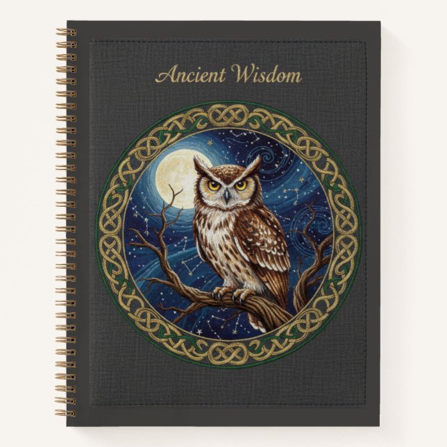 Ancient Wisdom Embroidered Owl & Moon Celestial Notizbuch (Vorderseite)