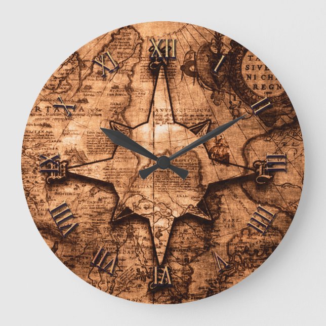 Ancient World Traveller - Map & Compass Rose Große Wanduhr (Vorderseite)