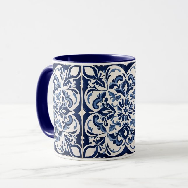 Andalusisches Mosaik , antikes Blau , weißes Desig Tasse (Vorderseite Links)