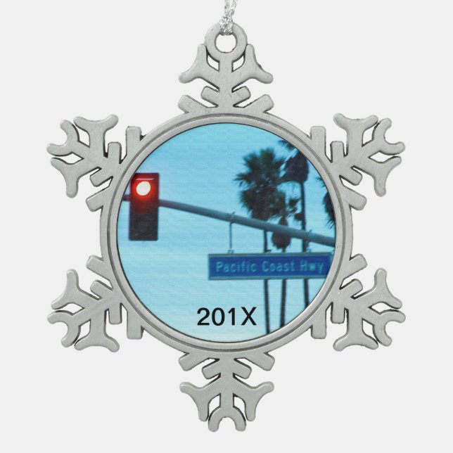 Andenken der Pazifikküste-Landstraßen-1 des Schneeflocken Zinn-Ornament (Vorderseite)