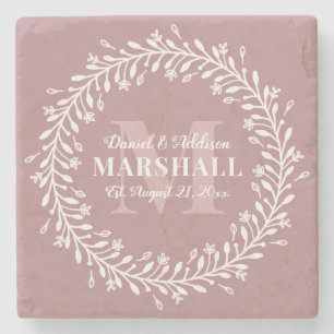 Andenken Frischvermählte Paar Rosa Kranz Monogramm Steinuntersetzer