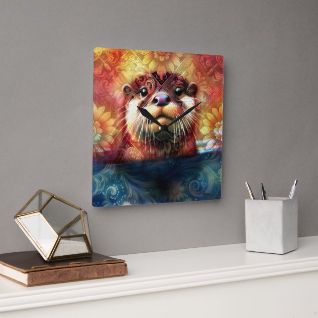 Andere Abstrakte Blütenblätter Aquamarin Orange Re Quadratische Wanduhr (Büro)