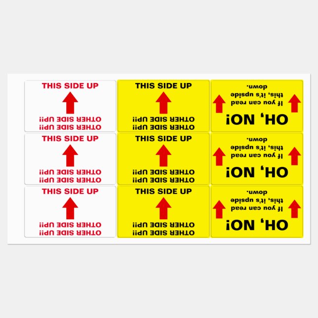 "ANDERE SEITE AUF!!" - "OH, NEIN!" Humorische Warn Etiketten (Blatt)