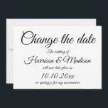Ändern des Datums, der Skripthochzeit<br><div class="desc">Ändern Sie die Date,  Save the Date,  klassisch elegante benutzerdefinierte Skript Calligraphy Wedding Announcement Card. Schwarz und Weiß</div>