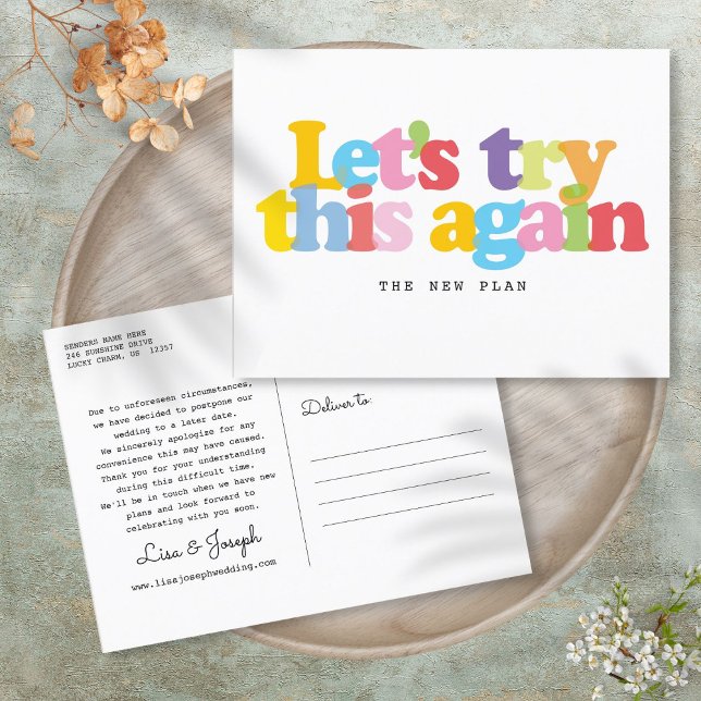 Ändern des verzögerten Ereignisses farbig Ankündigungspostkarte (Change The Date Postponed Event Colorful Announcement Postcard)