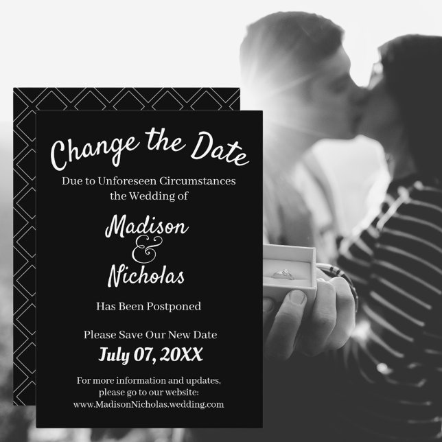 Ändern Sie das Datum Hochzeit verschoben Minimalis Save The Date (Change the Date Wedding Postponed Minimalist Black Save The Date Announcement)