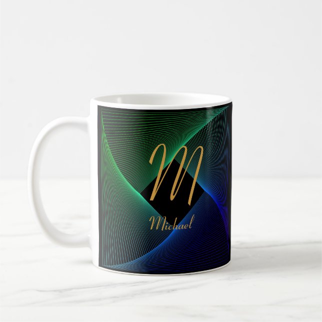 Ändern Sie den Anfangsnamen Grün blauer Swirl L M  Kaffeetasse (Links)