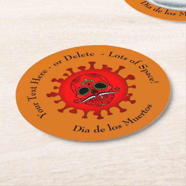Ändern von Text Dia de los Muertos Red - Orange Runder Pappuntersetzer (Angewinkelt)