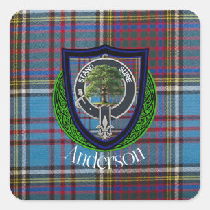 Anderson-Schottischer-Clan-Tartan und -Wappen Quadratischer Aufkleber