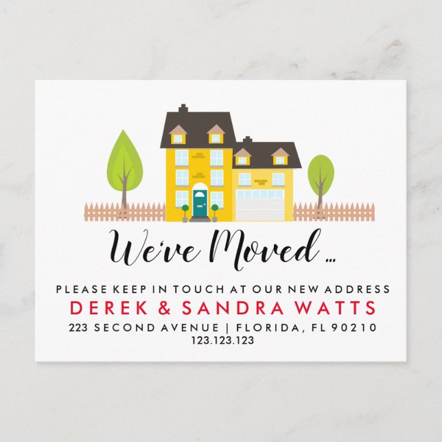 Änderung der Adresse gelb Haus haben wir umgezogen Ankündigungspostkarte (Vorderseite)