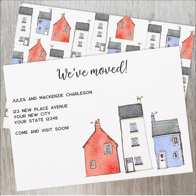Änderung der Anschrift im Wasserfarbhaus Ankündigung (Watercolor houses personalized change of address moving announcement)