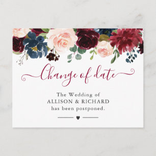 Änderung des Datums Burgundy Blush Navy Blumenplan Postkarte