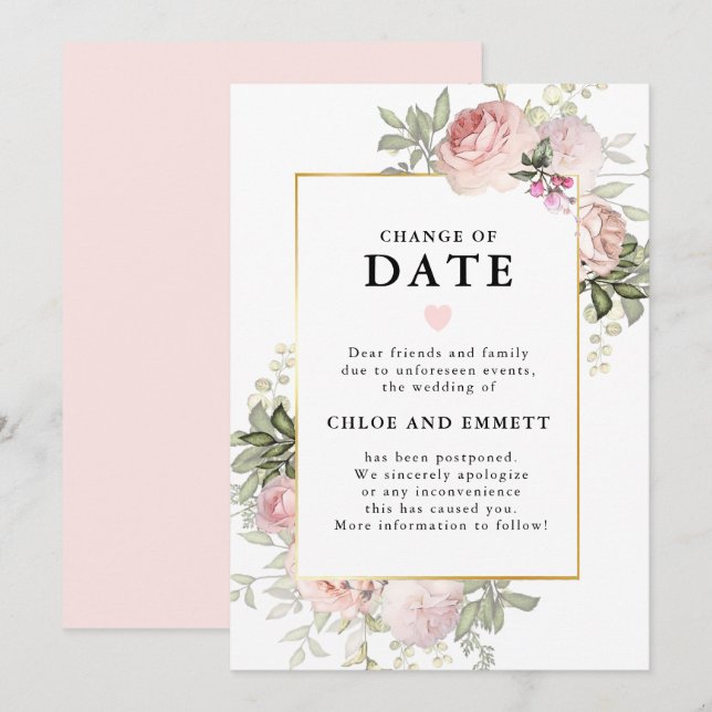 Änderung des Datums Rosa Blumenhochzeit Einladung (Vorne/Hinten)