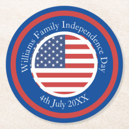 Änderung Name Text USA Flag Unabhängigkeitstag 4.  Runder Pappuntersetzer