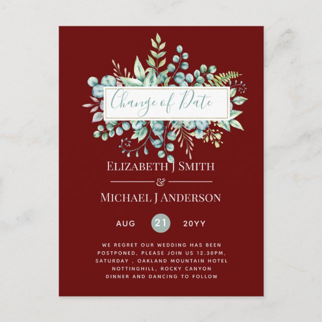 Änderung von Plänen Datum Grüne Eukalyptus Ereigni Postkarte (Vorderseite)