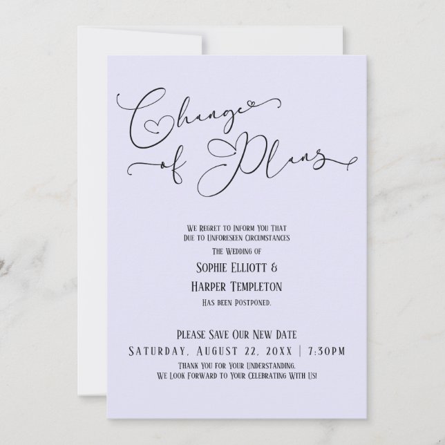 Änderung von Plänen, eleganter Lavendel Neuhochzei Einladung (Vorderseite)