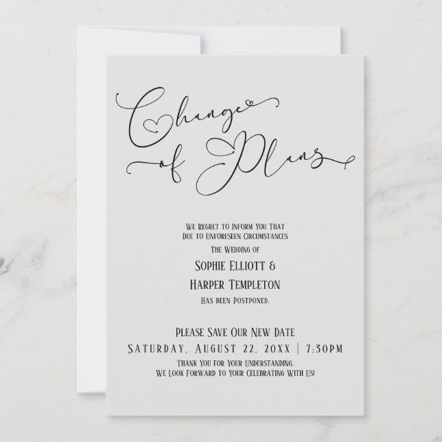 Änderung von Plänen, elegantes, graues neues Hochz Einladung (Vorderseite)