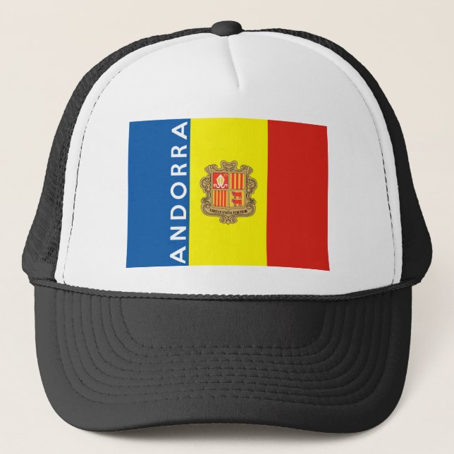Andorra-Landesflaggetextname Truckerkappe (Vorderseite)
