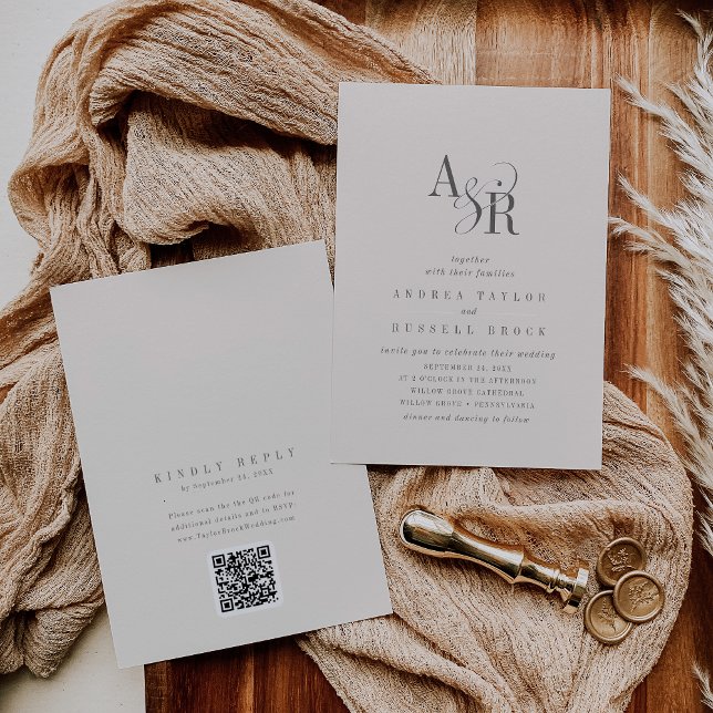 ANDREA Beige QR Code Classic Elegant Wedding Einladung (ANDREA Beige QR Code Classic Elegant Wedding Invitation)