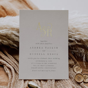 ANDREA Beige und Goldfolie Formelle elegante Hochz Folieneinladung