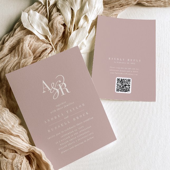 ANDREA Blush Pink QR Code Classic Elegant Wedding Einladung (ANDREA Blush Pink QR Code Classic Elegant Wedding Invitation)