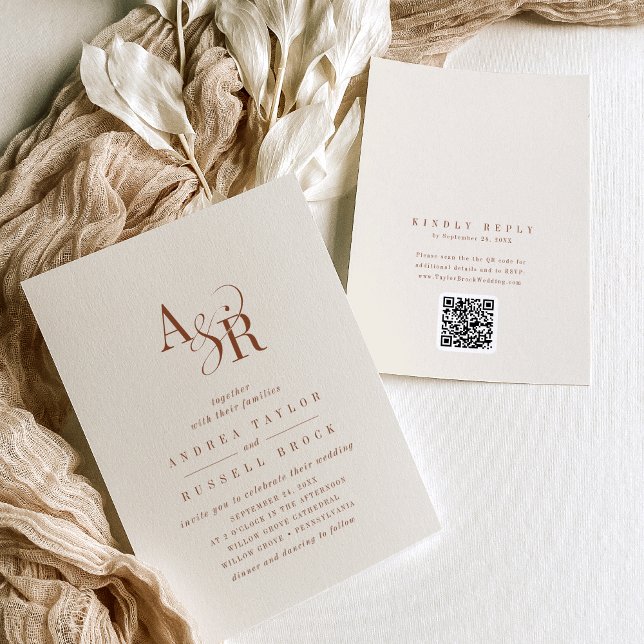 ANDREA Boho Creme QR Code Klassische elegante Hoch Einladung (ANDREA Boho Cream QR Code Classic Elegant Wedding Invitation)