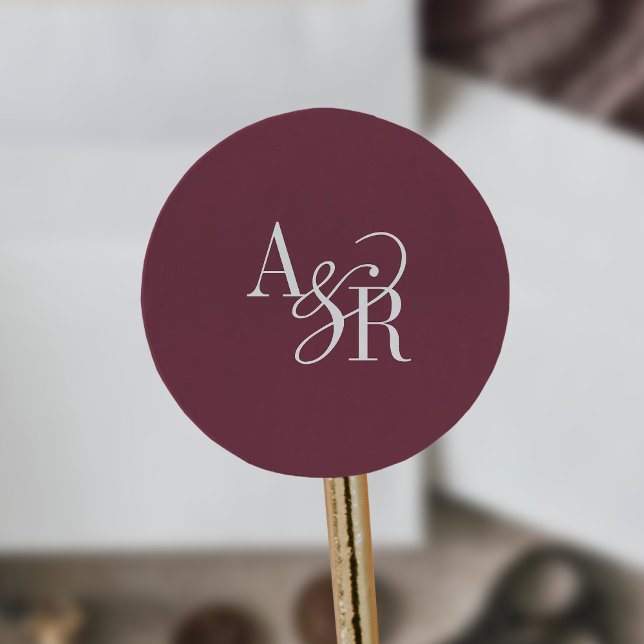 ANDREA Burgundy Red Modern Simple Wedding Monogram Runder Aufkleber (ANDREA Burgundy Red Modern Simple Wedding Monogram Classic Round Sticker)