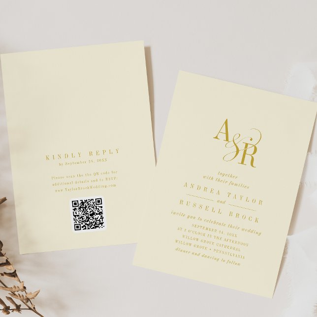 ANDREA Butter Yellow QR Code Elegant Wedding Einladung (ANDREA Butter Yellow QR Code Elegant Wedding Invitation)