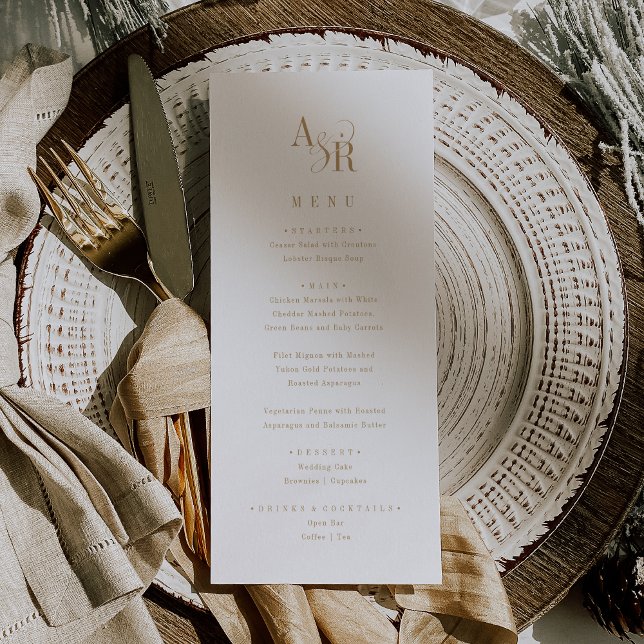 ANDREA Classic Gold White Boho Minimalistisch Wedd Menükarte (ANDREA Classic Gold White Boho Minimalist Wedding Menu)