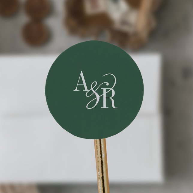 ANDREA Dark Green Modern Simple Wedding Monogram Runder Aufkleber (ANDREA Dark Green Modern Simple Wedding Monogram Classic Round Sticker)