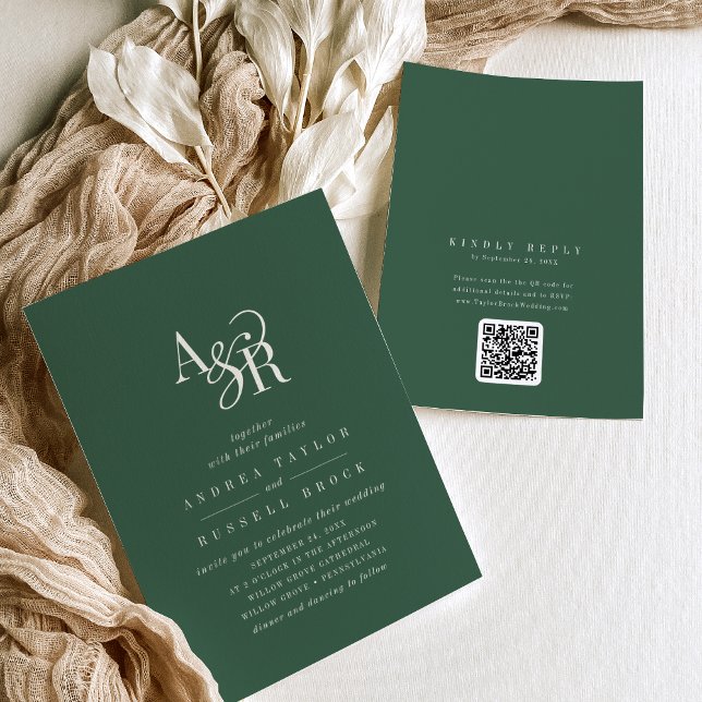 ANDREA Dunkelgrüner QR-Code Klassische elegante Ho Einladung (ANDREA Dark Green QR Code Classic Elegant Wedding Invitation)