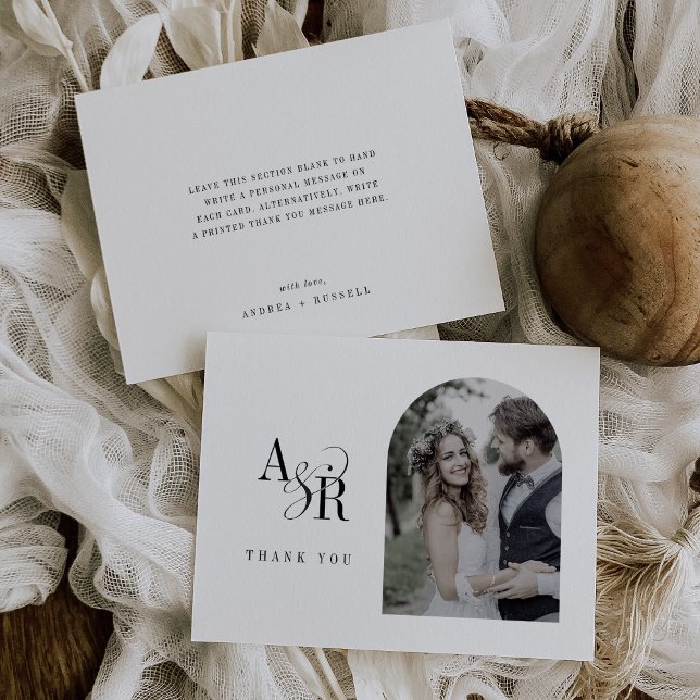 ANDREA Flat White Black Chic Minimal Foto Hochzeit Dankeskarte (ANDREA Flat White Black Chic Minimal Photo Wedding Thank You Card)
