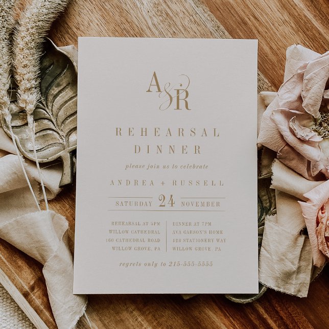 ANDREA Gold Cream Modernes Minimal Probe Abendesse Einladung (ANDREA Gold Cream Modern Minimal Rehearsal Dinner Invitation)