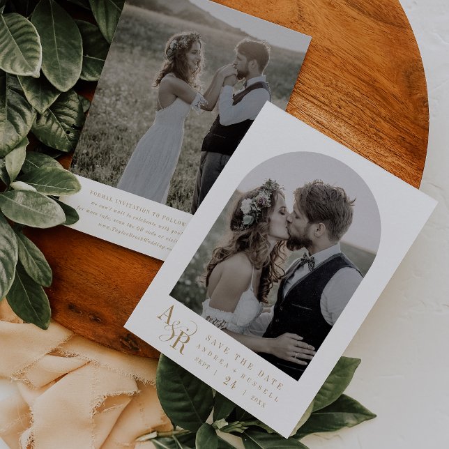 ANDREA Gold White Minimalistisch Boho Initials Wed Save The Date (ANDREA Gold White Minimalist Boho Initials Wedding Save The Date)