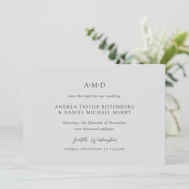 Andrea Gray Elegant Wedding Save The Date (Stehend Vorderseite)