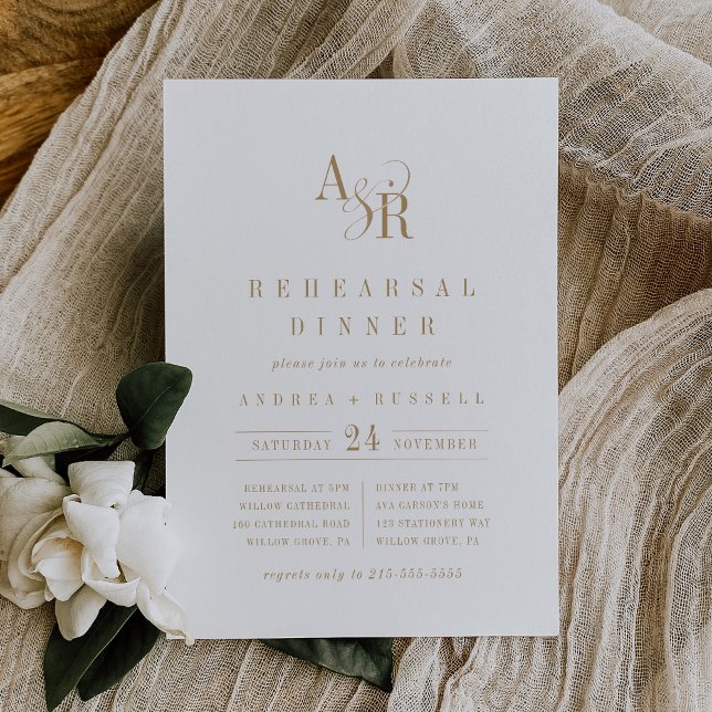 ANDREA Monogram Boho Gold Minimale Probe Abendesse Einladung (ANDREA Monogram Boho Gold Minimal Rehearsal Dinner Invitation)