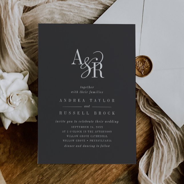 ANDREA Monogram Classic Dark Gray Moody Wedding Einladung (ANDREA Monogram Classic Dark Gray Moody Wedding Invitation)
