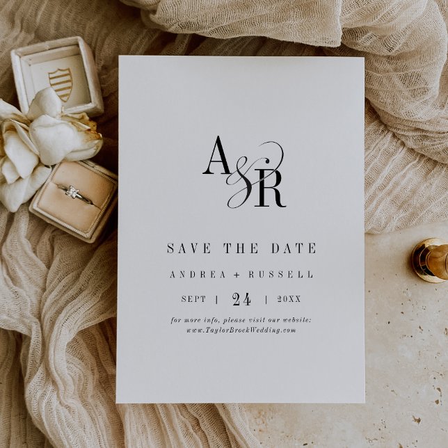 ANDREA Monogram Simple Modern White Black Wedding Save The Date (ANDREA Monogram Simple Modern White Black Wedding Save The Date)