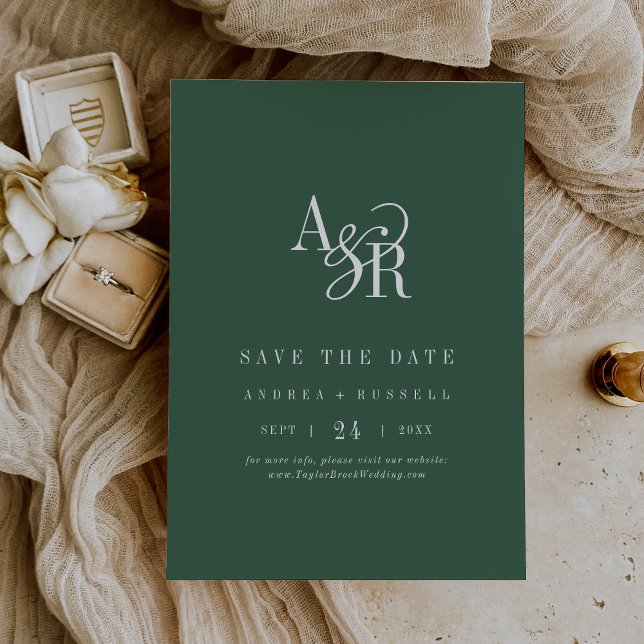 ANDREA Monogramm Einfache Dunkelgrüne Minimale Hoc Save The Date (ANDREA Monogram Simple Dark Green Minimal Wedding Save The Date)