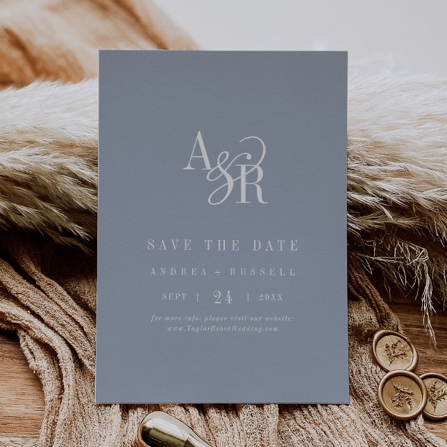 ANDREA Monogramm Einfache Staubblaue Minimale Hoch Save The Date (ANDREA Monogram Simple Dusty Blue Minimal Wedding Save The Date)