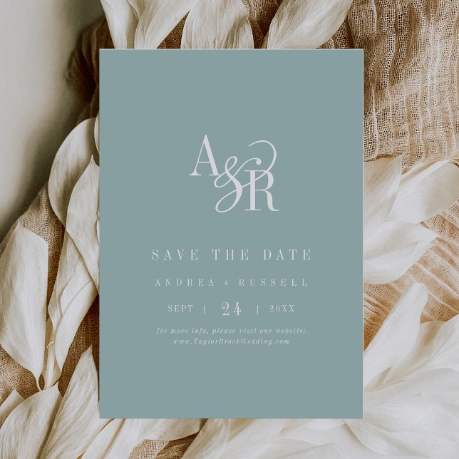 ANDREA Monogramm einfaches Türkisblau Minimal Hoch Save The Date (ANDREA Monogram Simple Teal Blue Minimal Wedding Save The Date)