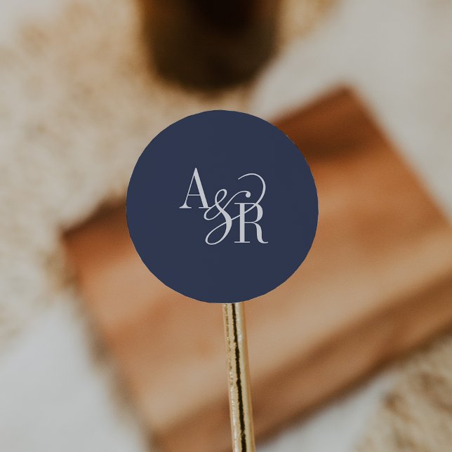 ANDREA Navy Blue Modern Simple Wedding Monogram Runder Aufkleber (ANDREA Navy Blue Modern Simple Wedding Monogram Classic Round Sticker)