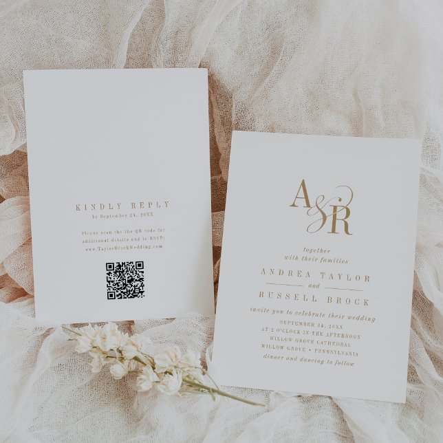 ANDREA QR Code Classic Gold White Initials Wedding Einladung (ANDREA QR Code Classic Gold White Initials Wedding Invitation)