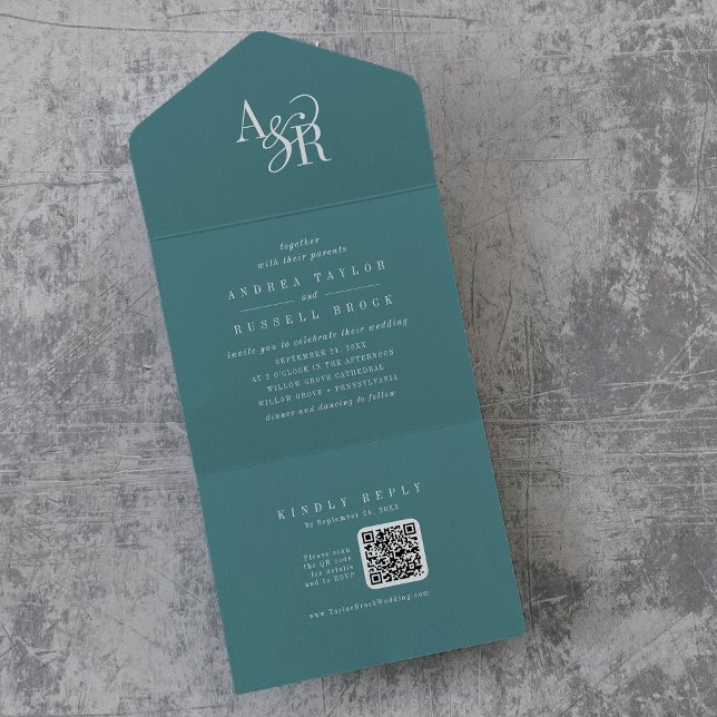 ANDREA QR Code Dark Teal Simple Minimal Wedding All In One Einladung (ANDREA QR Code Dark Teal Simple Minimal Wedding All In One Invitation)