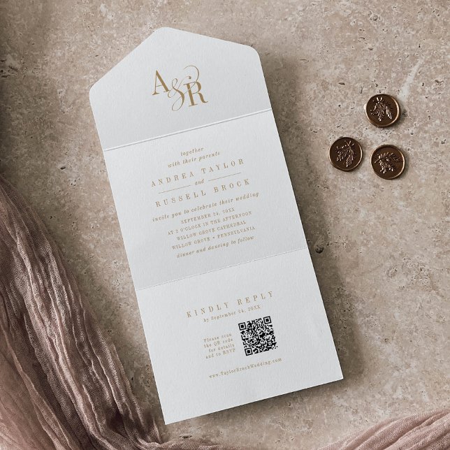 ANDREA QR Code Elegantes formales Gold Klassisches All In One Einladung (ANDREA QR Code Elegant Formal Gold Classic Wedding All In One Invitation)