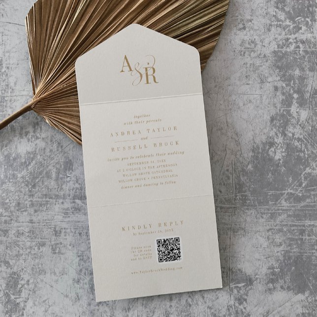 ANDREA QR Code Formelle moderne Goldcreme Hochzeit All In One Einladung (ANDREA QR Code Formal Modern Gold Cream Wedding All In One Invitation)