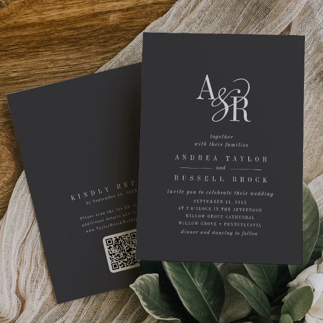ANDREA QR Code Gray Dark Academia Initials Wedding Einladung (ANDREA QR Code Gray Dark Academia Initials Wedding Invitation)