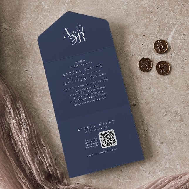 ANDREA QR Code Navy Blue Simple Minimal Wedding All In One Einladung (ANDREA QR Code Navy Blue Simple Minimal Wedding All In One Invitation)