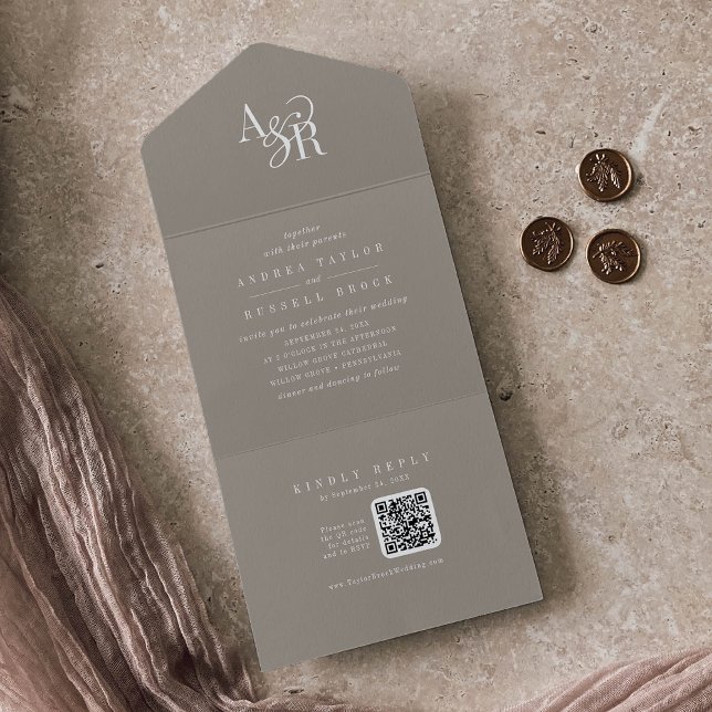 ANDREA QR-Code Rustikale Taupe einfache minimalist All In One Einladung (ANDREA QR Code Rustic Taupe Simple Minimal Wedding All In One Invitation)