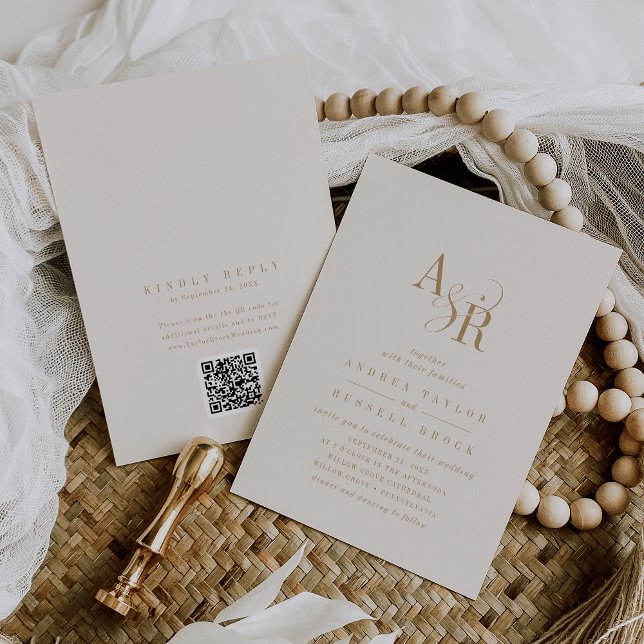 ANDREA QR Code Vintages Goldcreme Moderne Hochzeit Einladung (ANDREA QR Code Vintage Gold Cream Modern Wedding Invitation)